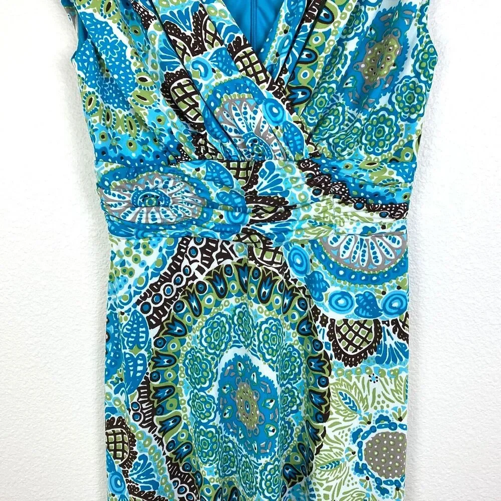 Liz Claiborne A-Line Maxi Dress Size 10 V-Neck High Waist Brown Blue Green